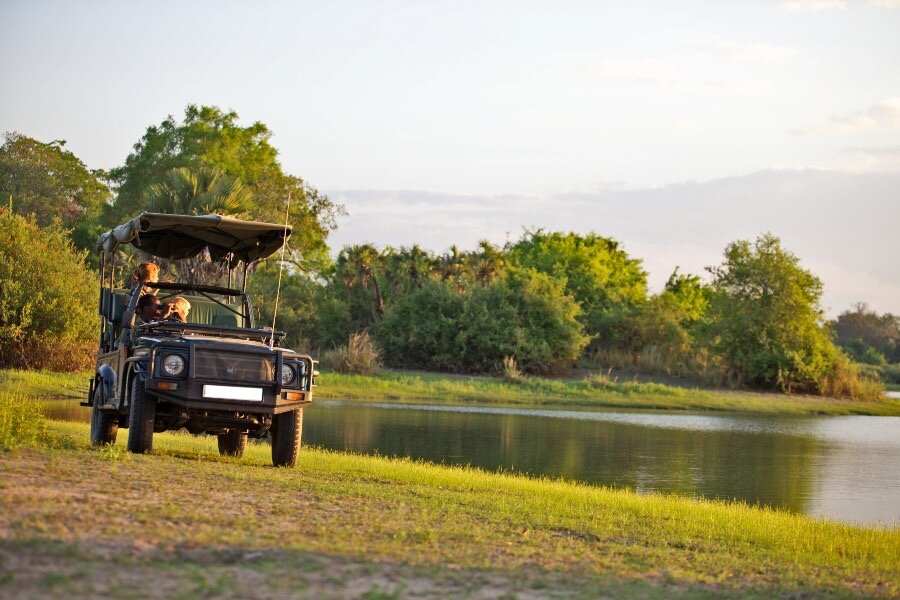A safari vehicle beside a palm-fringed river at golden hour in Mikumi